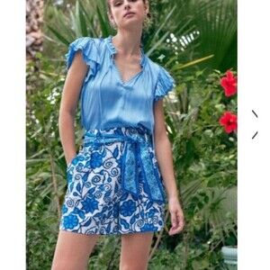 Current Air Blue White Floral Paperbag Shorts M Linen Tencel High Waist Tie Belt